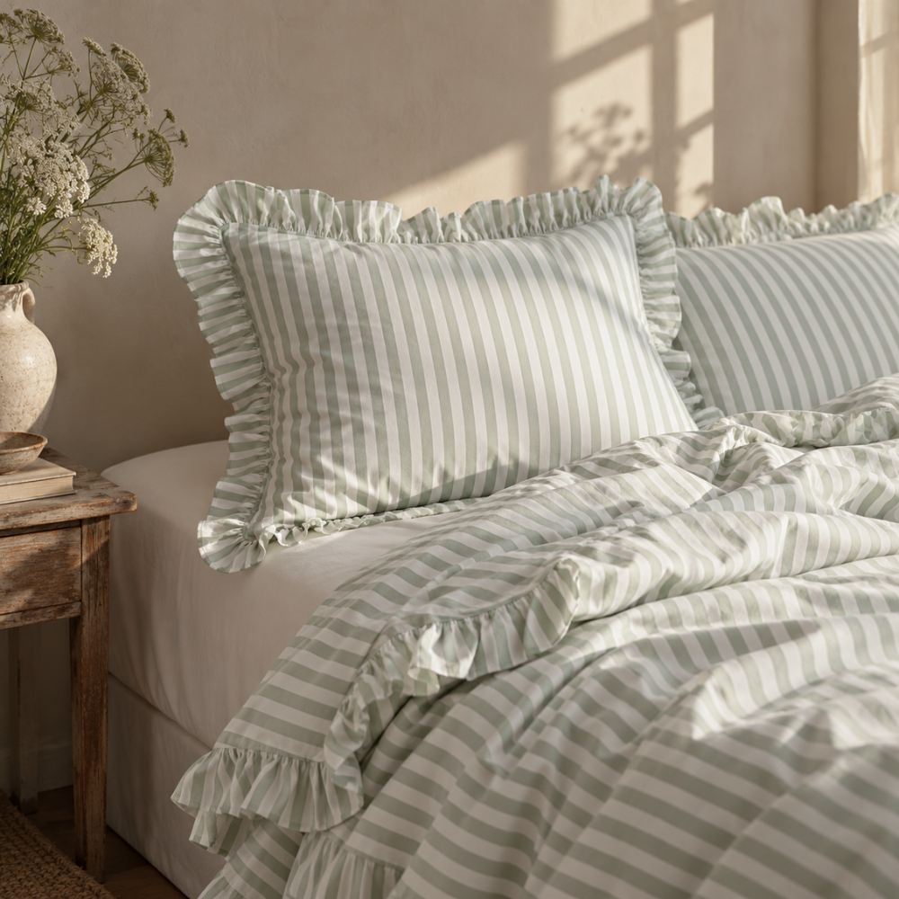Striped Duvet Set with Ruffles | Pistachio