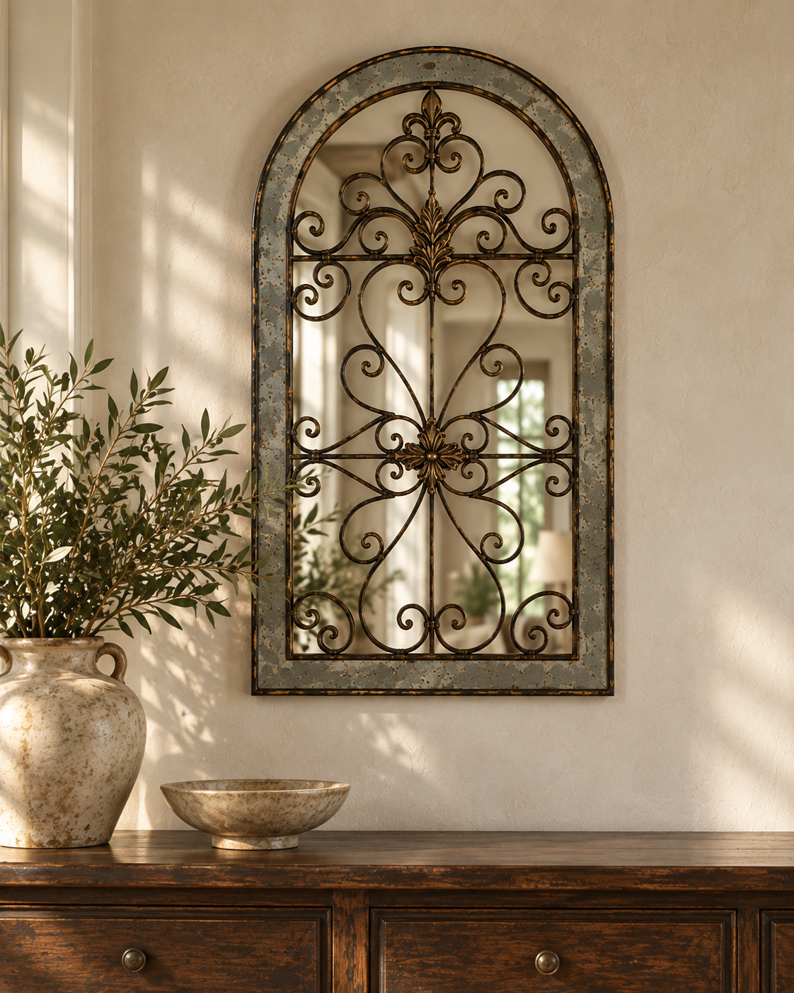 Arched Metal Scrollwork Wall Mirror